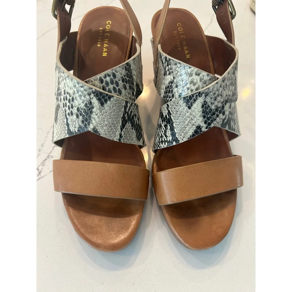 Cole Haan‎ Wedge Sandals Tan Snakeskin Embossed Leather Strappy Platform W01191